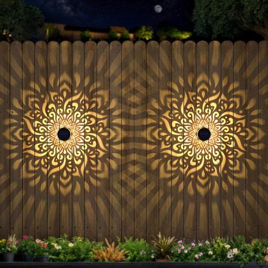 4 Pack Large Solar Fence Lights Metal Solar Powered Outdoor Wall Deck Step Lights Mandala Theme Waterproof Fence Light for Garden Post Patio Backyard Yard Decor, Gardening Gifts for Women Mom Grandma