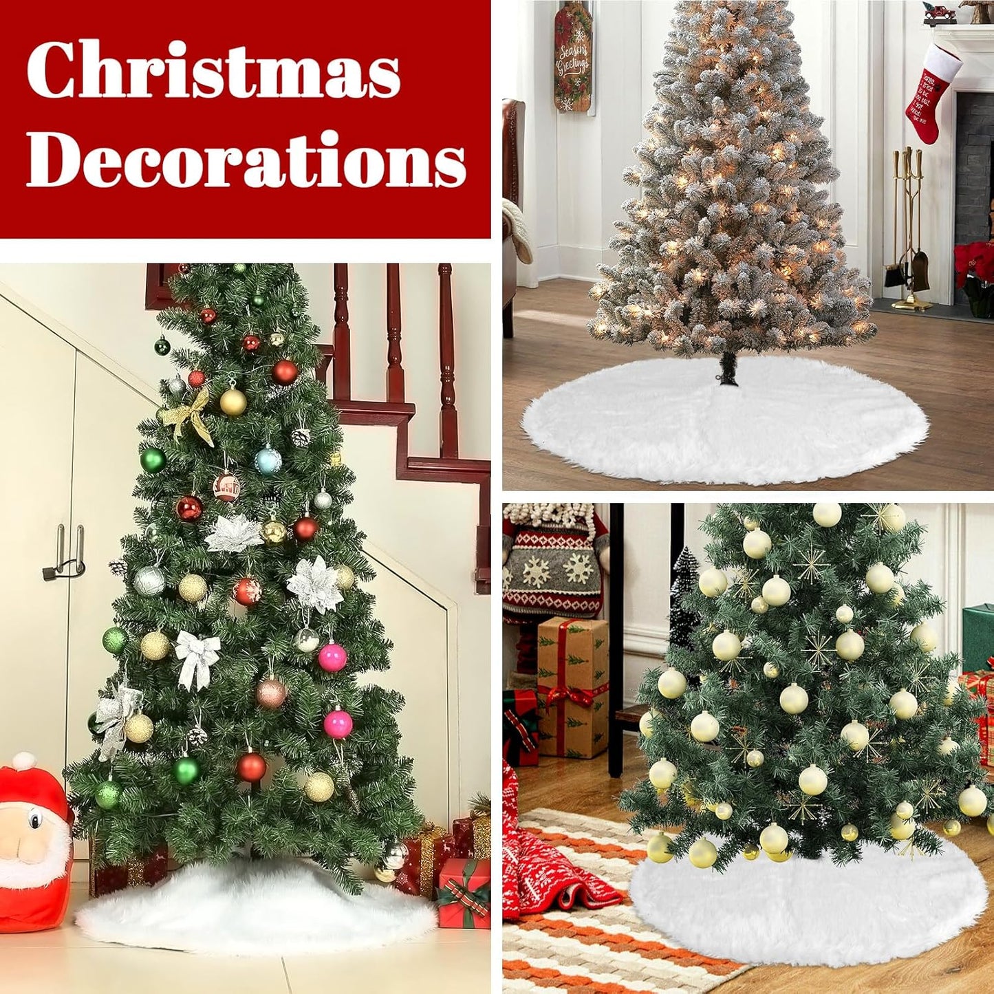 36 Inch Faux Fur Christmas Tree Skirt Soft Snow White Plush Tree Mat Christmas Decorations Fluffy Tree Skirts Xmas Holiday Party Indoor Decorations