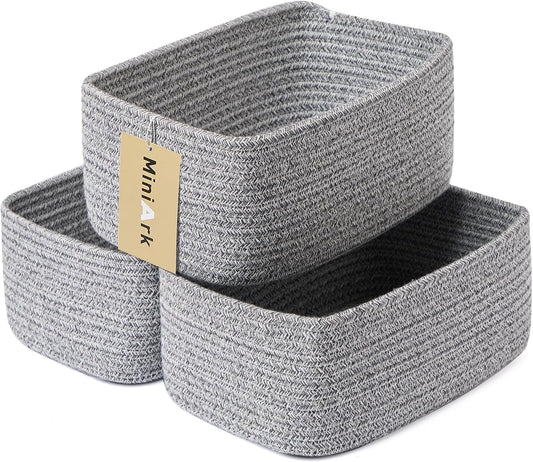 Small Storage Baskets for Organizing | Closet Organizer Bins | Shelf Toy Basket | Woven Rope Baskets | Cube Decorative Box | Shallow Basket | 11.5x7.5x4.7” | 3 Packs Mixed Grey