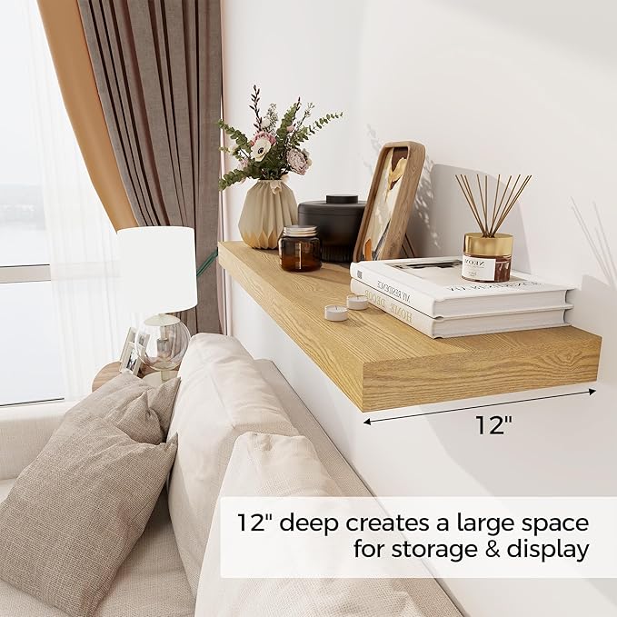 Floating Shelves 36 Inch Long, 12 Inch Deep Floating Shelves for Wall, 36 x 12 Shelves for Wall Storage & Display, 2" Thick Floating Shelf for Bathroom, Living Room, Bedroom, Oak Color, Set of 1