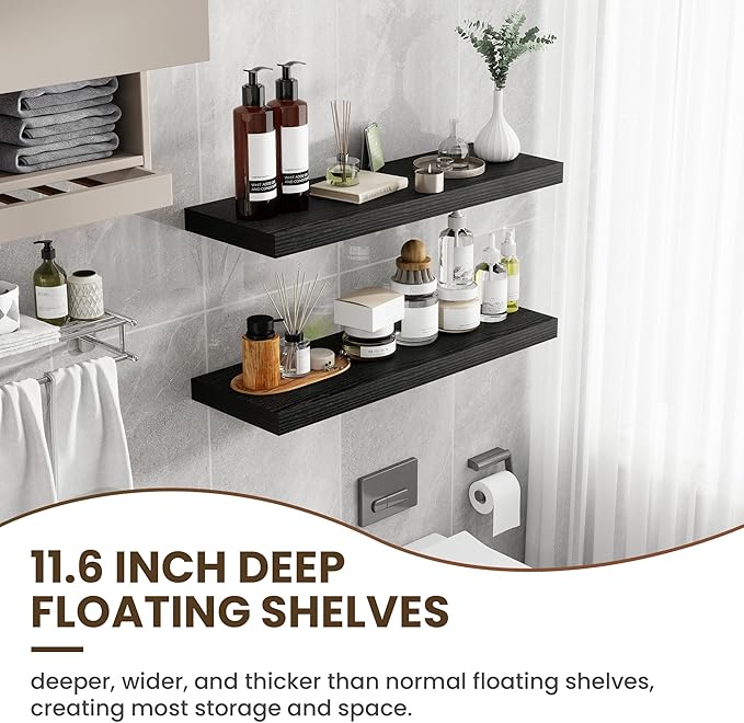 36 Inch Floating Shelves, 11.6 Inch Deep Floating Shelves for Wall, Floating Shelf with Invisible Brackets, Deep Shelves for Bathroom, Bedroom, Living Room, 2 Pack, Black