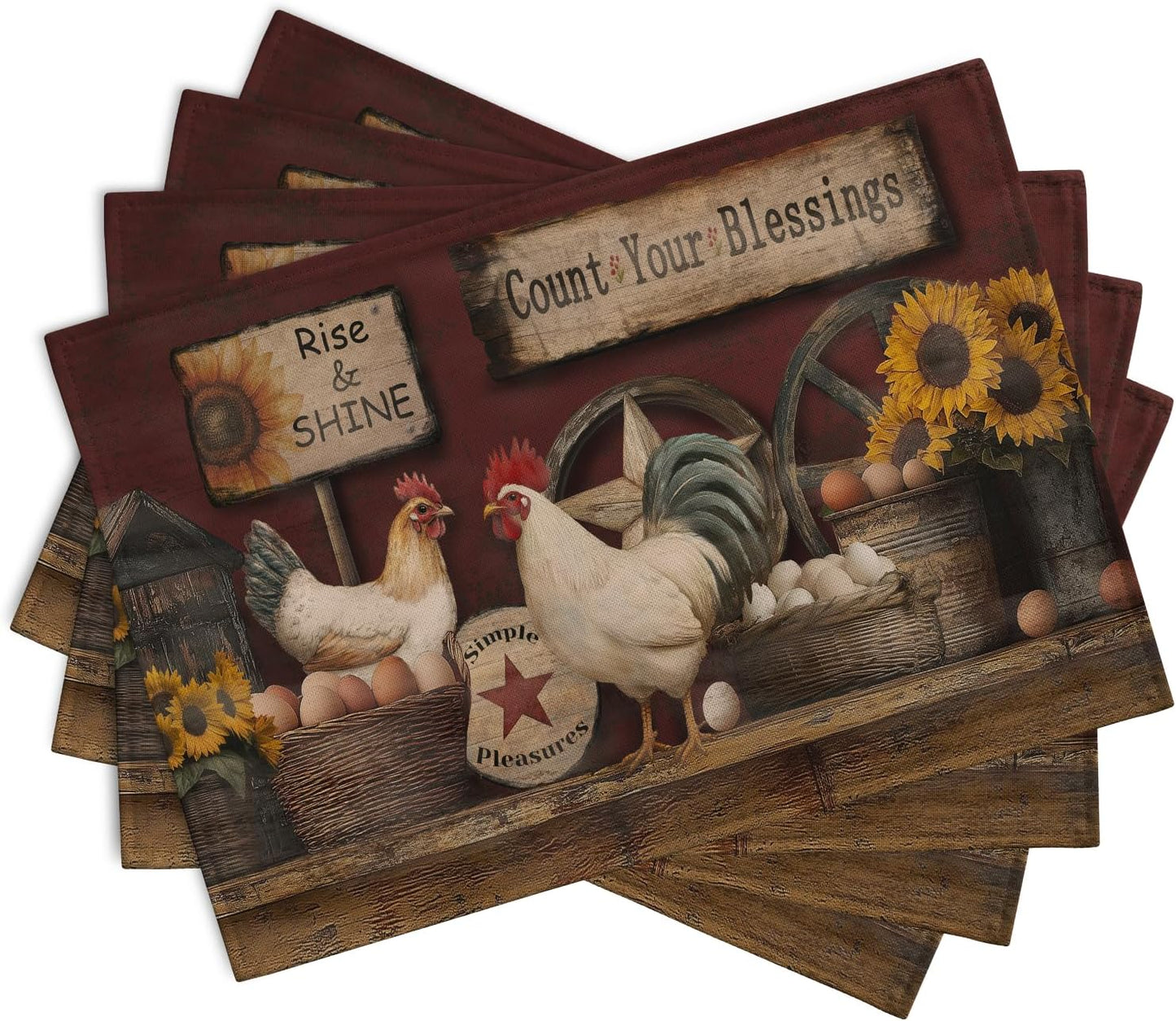 Farmhouse Rooster Placemats Set of 4 Farm Animal Chicken Place Mats 12x18 Inch Vintage Rustic Country Linen Table Mat Washable Non-Slip Placemat for Party Kitchen Dining Decor