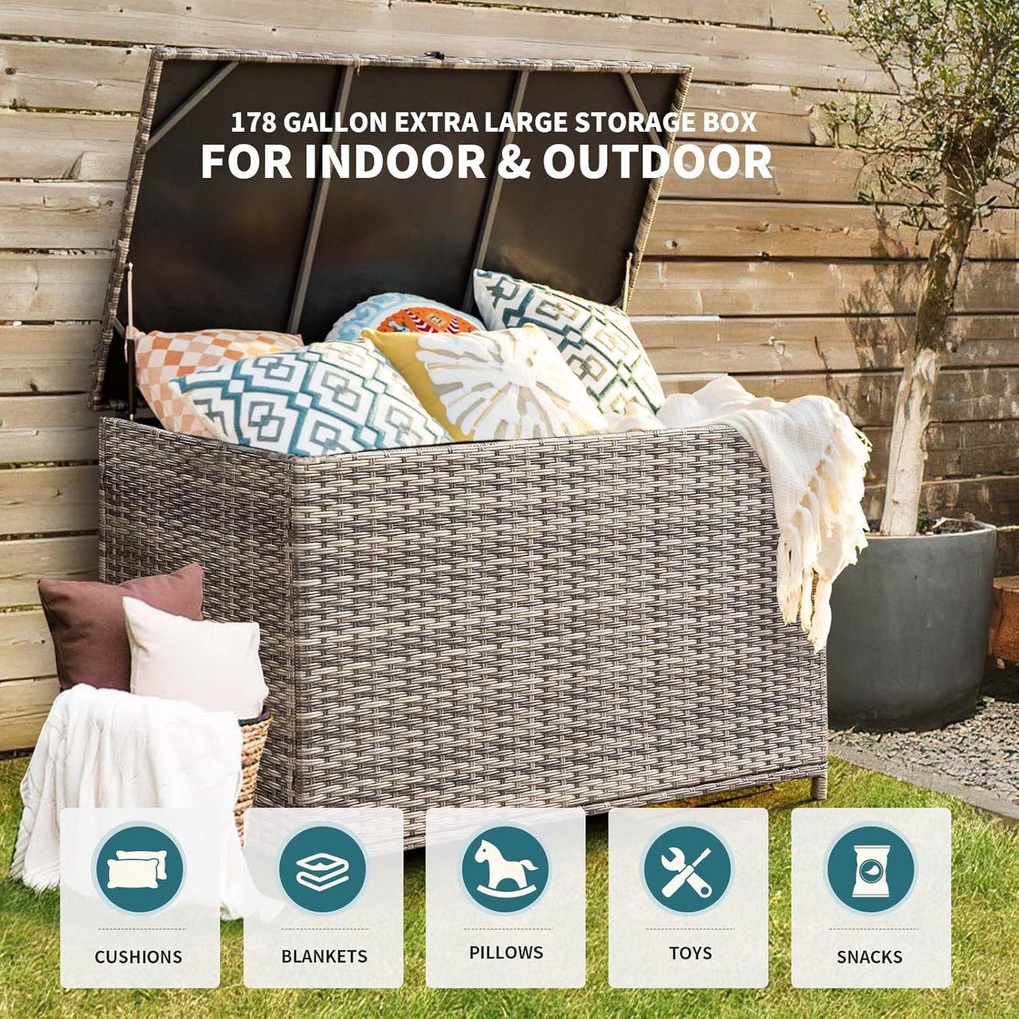 178 Gallon Outdoor Storage Box, Patio Deck Box with 2 Wheels, Handle Large Portable Wicker Rattan Deck Box for Patio Furniture Cushions, Throw Pillows, Garden Tools and Pool Floats (Gray)