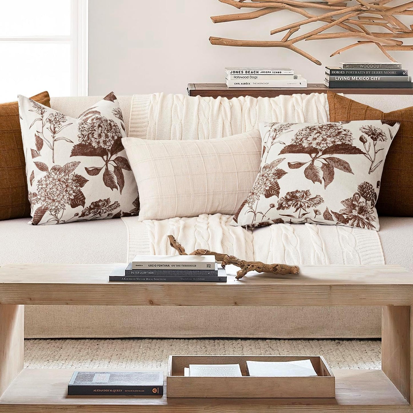 Foindtower Set of 2 Linen Floral Throw Pillow Covers Neutral Vintage Print Decorative Cushion Covers Farmhouse Boho Home Decor for Sofa Chair Couch Bedroom Living Room Outdoor,18×18 Inch,Dark Brown