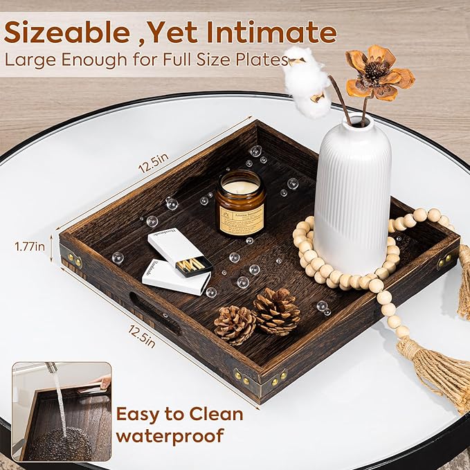 Yangbaga Serving Tray with Handles,12.5"*12.5"Wood Decorative Tray for Living Room,Modern Coffee Table Tray,Square Large Serving Platters for Home Decor,Ottoman,Bed,Kitchen,Bathroom, Breakfast,Bar