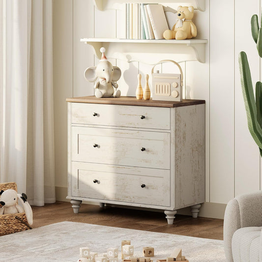 WAMPAT Baby Dresser for Bedroom with 3 Drawers, Kids Dressers with Wide Chest of Drawers, Farmhouse Wooden Closet Storage Organizer, Small Dressers for Living Room, Nursery, Hallway, Rustic White