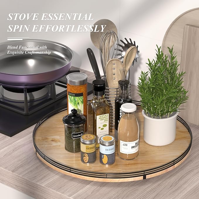 24" Lazy Susan Oak Wood Turntable Organizer for Cabinet, Farmhouse Round Wooden Large Lazy Susan Organization and Storage for Dining Table, Pantry, Kitchen, Countertop, Cupboard, Home Decor