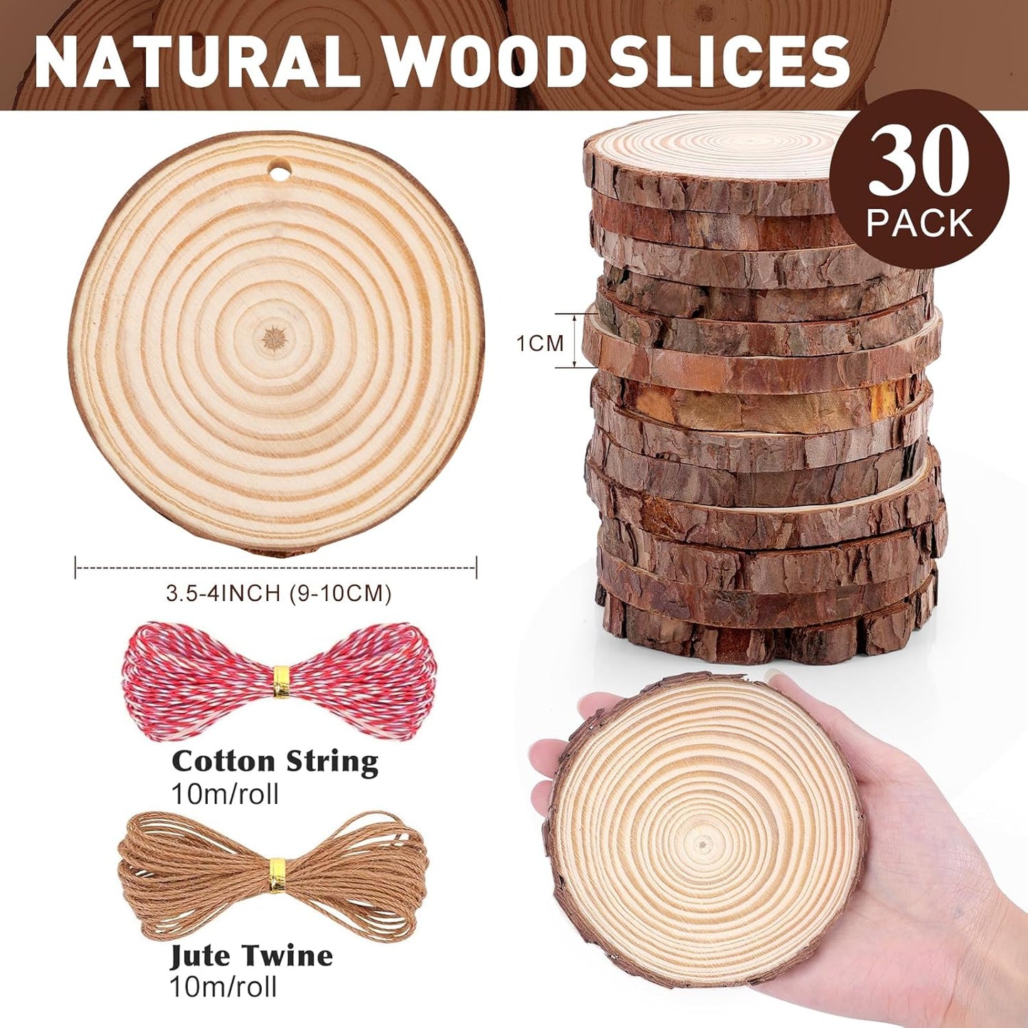 30 Pack Nature Wood Slices for Crafts,3.5-4In Unfinished Natural Wood Rounds.Wood Circles Predrilled with Hole and 20m Rope for Wooden Craft Supplies,Painting,Christmas Ornaments,DIY Gifts