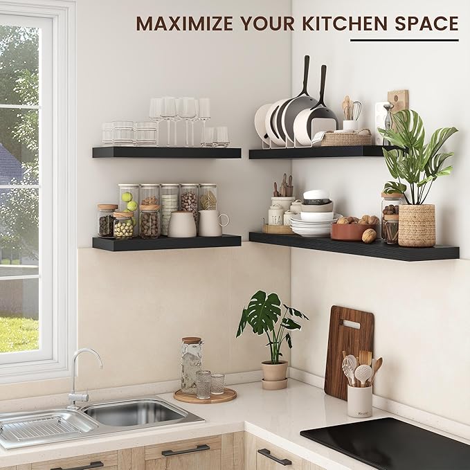 Floating Shelves - 2 Large Wall Mounted Shelves with Invisible Brackets, Long Wood Floating Wall Shelf for Living Room, Bedroom, Kitchen (Black, 36" W x 9" D x 1.5" H)