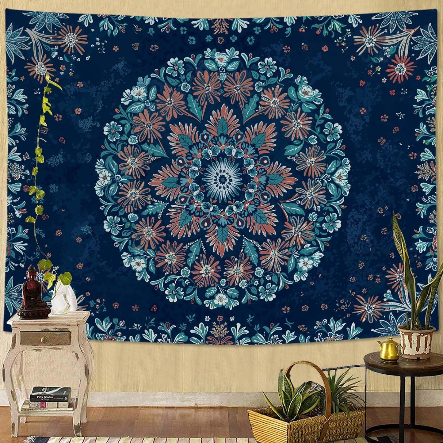 Fowocu Boho Floral Mandala Tapestry Wall Hanging Blue Bohemian Flower Medallion Tapestry Aesthetic Vintage Navy Hippie Indian Small Tapestries for Bedroom Living Room Dorm Decor 60 x 44 Inch
