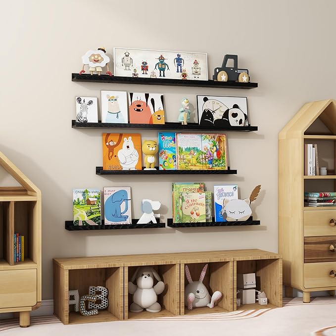 Floating Picture Ledge Shelves 72 Inch Solid Oak Wood Set of 2, Rustic Wall Storage Shelves with Lip, Kids Bookshelf, Photo & Picture Ledge Shelves for Bedroom, Living Room, Kitchen