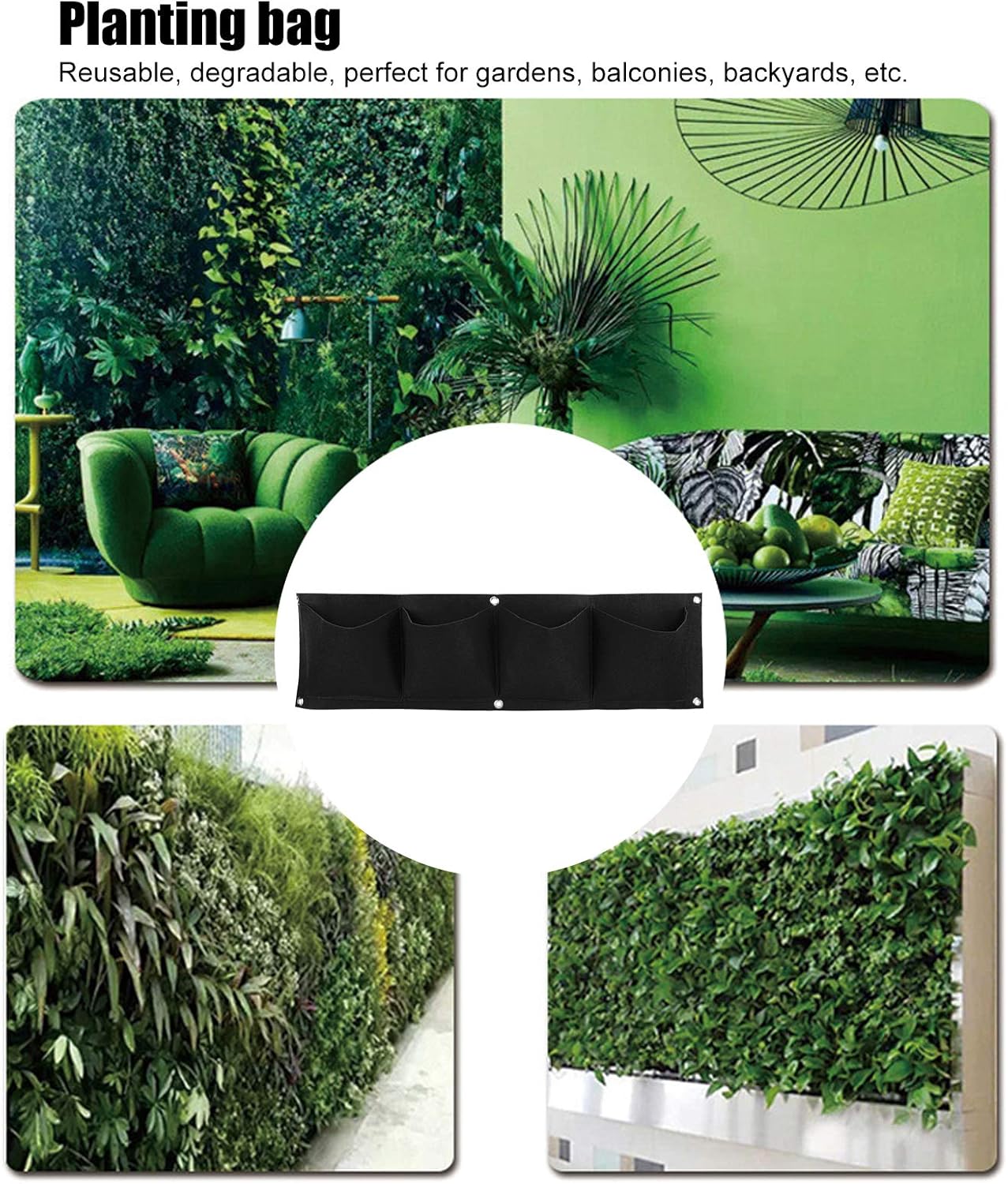 4Pcs 4 Pocket Felt Vertical Wall Garden Planter Plant Grow Bag Reusable Wall Mounted Planting Growing Bag for Flower Vegetable(Black)