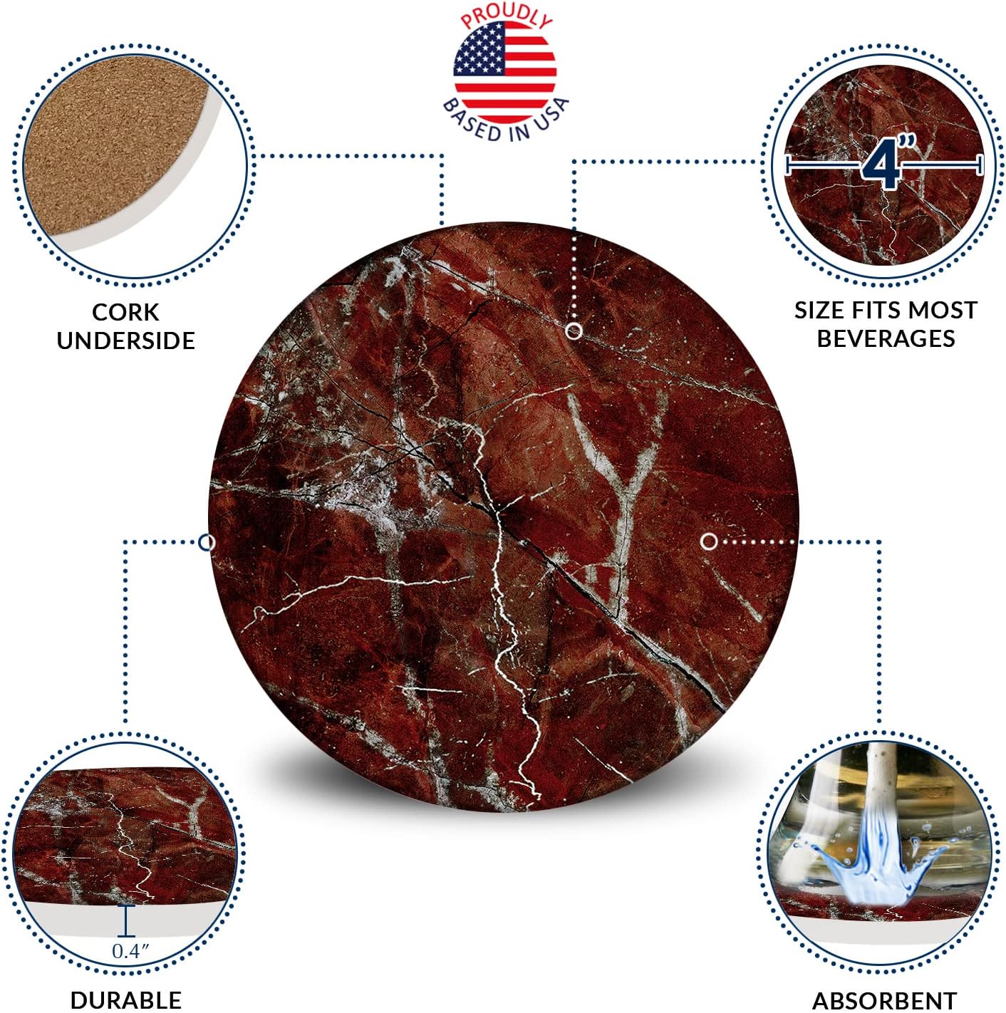 Emerson Coasters for Drinks Absorbent – Natural Stone Drink Coasters Set with Holder, Coasters for Coffee Table, Wooden Tabletop Protection Marble Style – 100% Heavy Duty Set of 6 (Ruby)