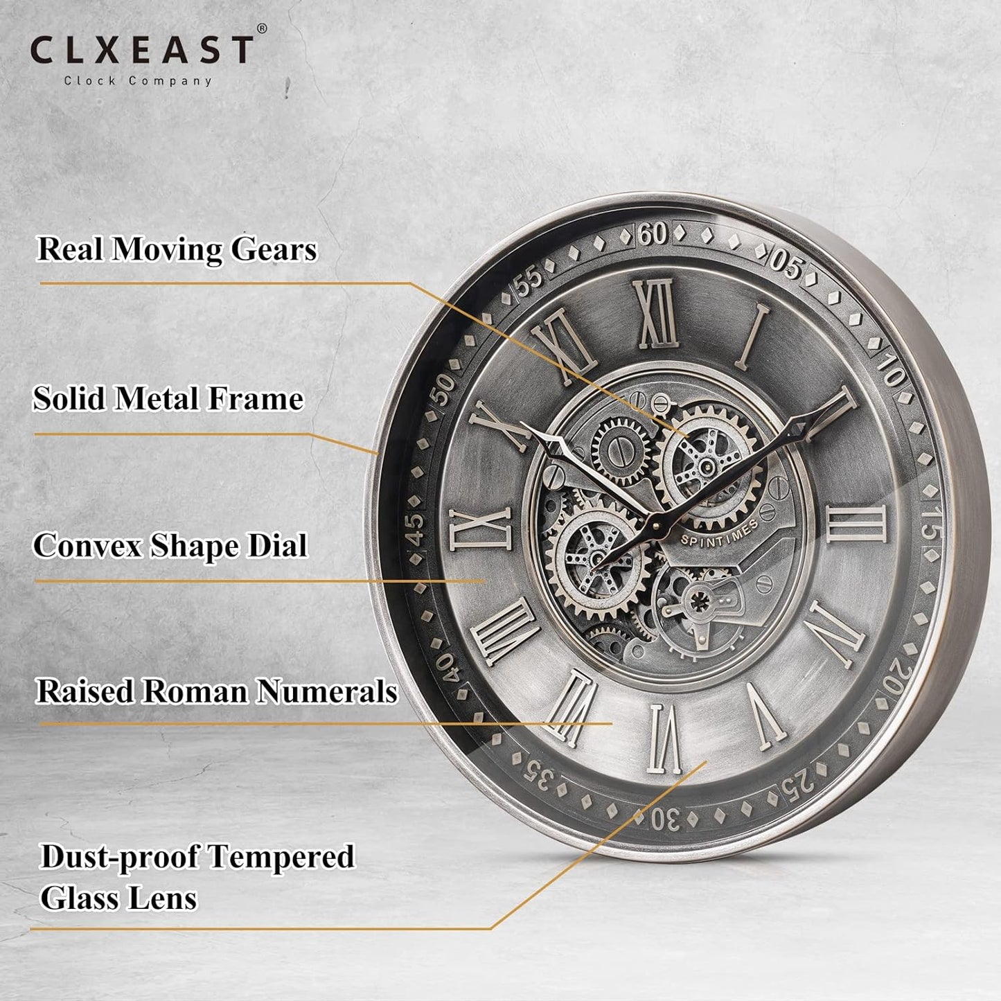CLXEAST 24 Inch Large Moving Gear Wall Clock for Living Room Decor, Antique Silver Metal Roman Numerals Wall Clocks for Home Office