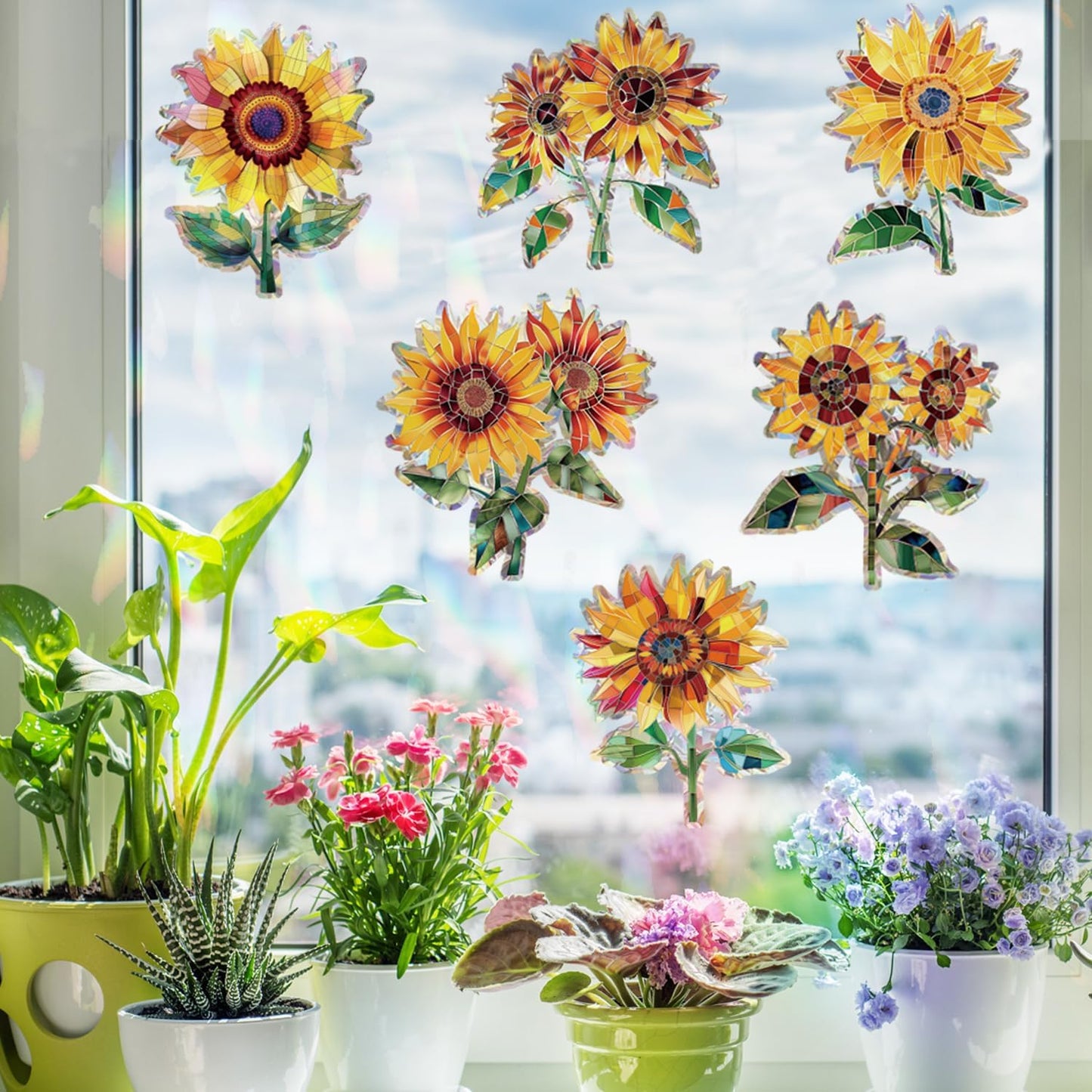 12pcs Window Decals for Bird Strikes, Anti Collision Window Clings, Rainbow Reflection Window Sticker, Sunflower Style Sun Catcher Stickers for Glass Windows