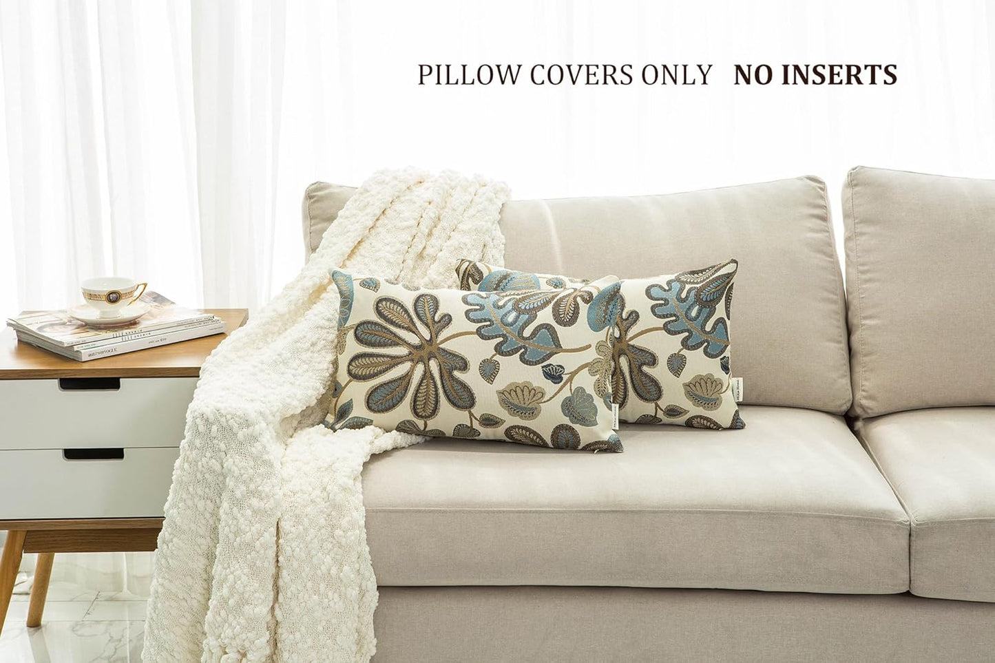 Set of 2 Jacquard Tropical Leaf Pattern Oblong Throw Pillow Covers Accent Pillowcase 12X20 Inches,Blue Cream