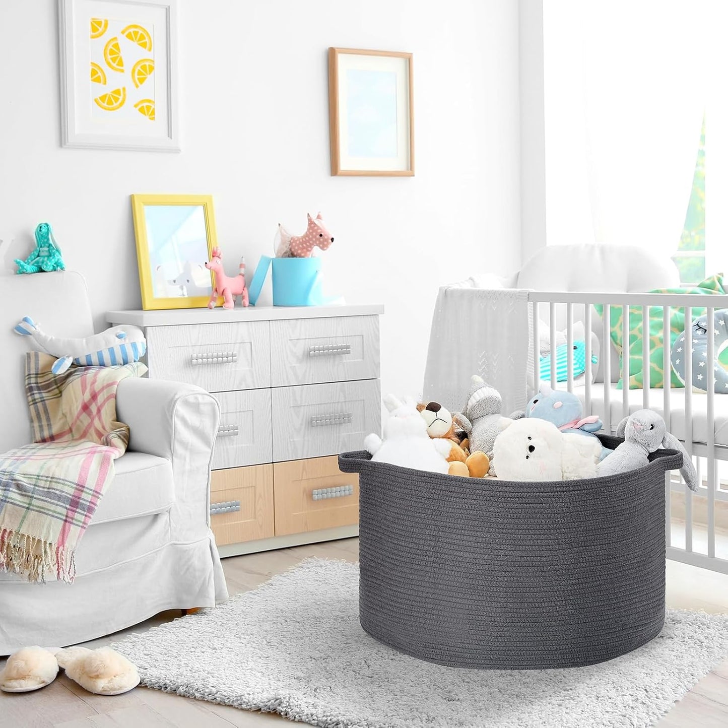 Ravinte Large Storage Basket - 22"x 22"x 14" Blanket Basket for Living Room, Baby Toy Storage Basket, Cotton Rope Basket Woven Laundry Basket (Gray)