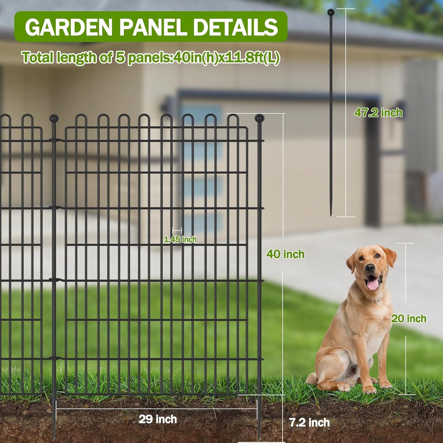 5 Panels No Dig Decorative Garden Fence with Gate for Yard, 40 in(H) X 11.8 ft(L) Animal Barrier Fencing for Outdoor Dog, Metal Portable Garden Fences for Borders, Pets, Landscape, Temporary Fence