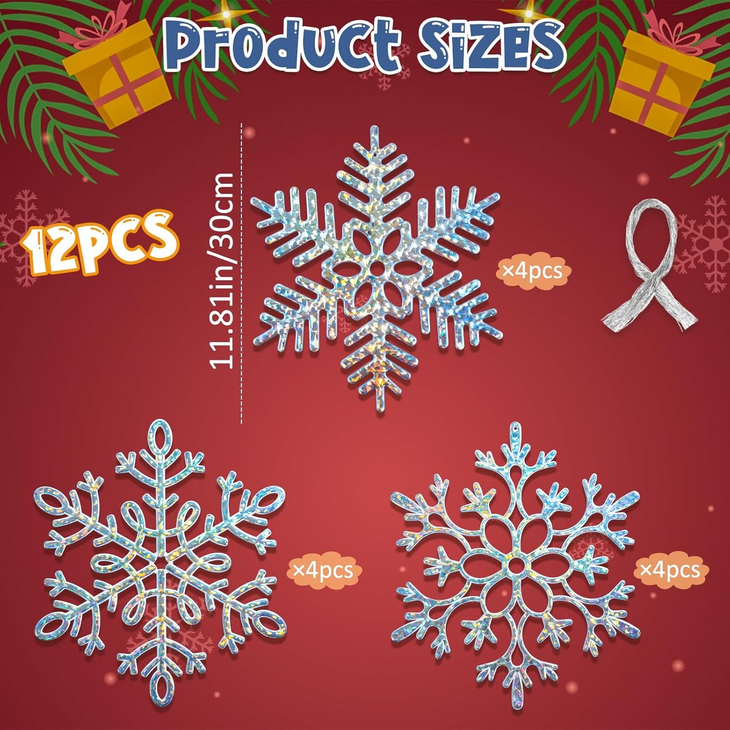 12pcs Large Iridescent Snowflakes Christmas Ornaments-12 Big Plastic Glitter Hanging Snow Flakes for Christmas Tree Decorations Winter Indoor Outdoor Window Home Decor Giant Craft Snowflakes