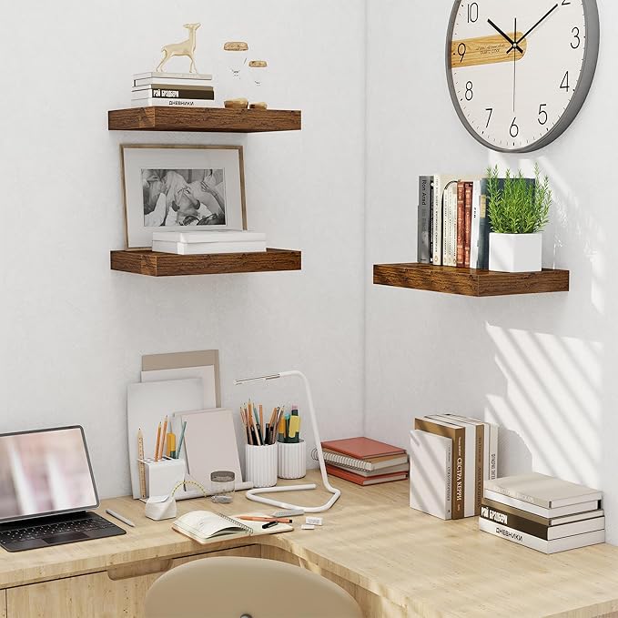 Fun Memories Wood Floating Shelves 16 Inch, 10 Inch Deep Shelves Wall Mount, Wall Shelves with Invisible Bracket, 16" Floating Shelves for Living Room Bathroom Bedroom, Rustic Brown, Set of 2