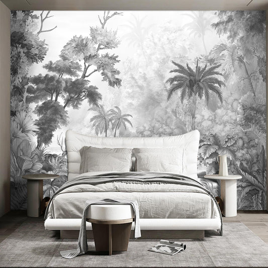 Grey Tropical Rainforest Plant wallpeper Living Room Bedroom Jungle Botanical Wall Mural - 91"x65"（Not Peel and Stick）