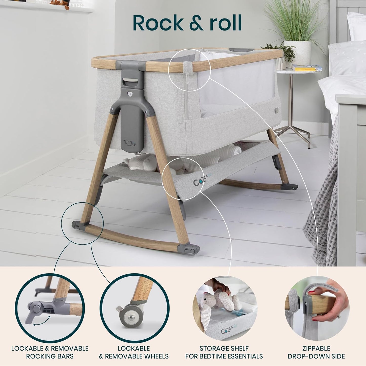 CoZee® Air Baby Bassinet & Bedside Sleeper - Rocking Bassinet for Baby, Fast-Folding with Travel Bag, Deluxe Airflow Mattress & 6 Mattress Heights, 0-6 Months (Silver & Oak)