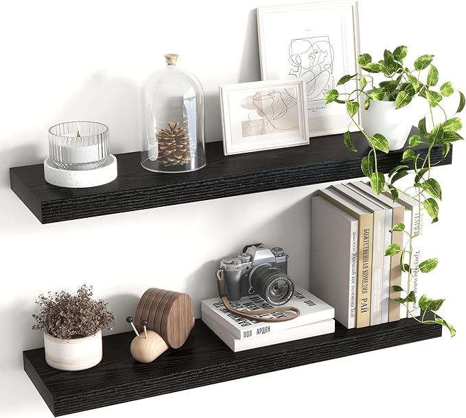 30 Inch Floating Shelves, 8 Inch Deep Floating Shelves for Wall, Hanging Shelf with Invisible Brackets, Deep Shelves for Bathroom, Bedroom, Living Room, Black, Set of 2