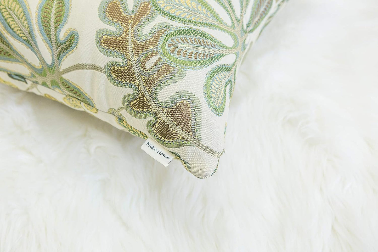 Set of 2 Jacquard Tropical Leaf Pattern Throw Pillow Covers Decorative Pillowcase 22X22 Inches,Green Cream