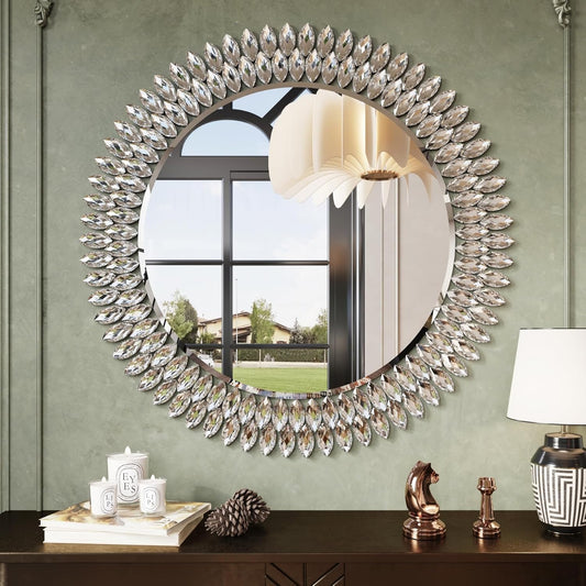 Kelly Miller Round Jeweled Mirror for Wall Decor, 32 in Modern Decorative Wall Mirror with Luxury Diamonds Beveled Vanity Mirror for Bedroom, Living Room, Bathroom, Hallway, Entryway, Fireplace