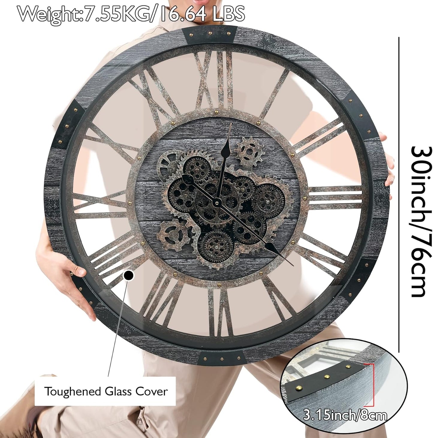 DORBOKER 30" Large Wall Clock Moving Gears,Oversized Industrial Rustic Farmhouse Clocks for Living Room Decor Office Home, Solid Wood Retro Metal HD Tempered Glass Cover,Carbon Grey