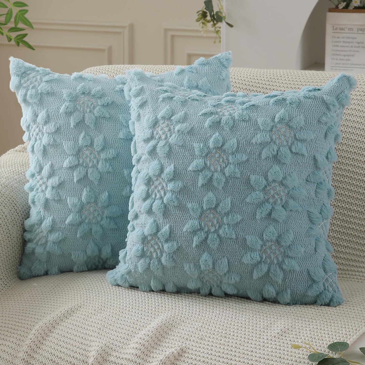 DFXSZ Spring Summer Pillow Covers 18x18 inch Set of 2 Farmhouse Decor White Flower Heart Sunflower Blue Soft Plush Faux Fur Jacquard Throw Pillows for Sofa Holiday Spring Home Decor PTK024G18