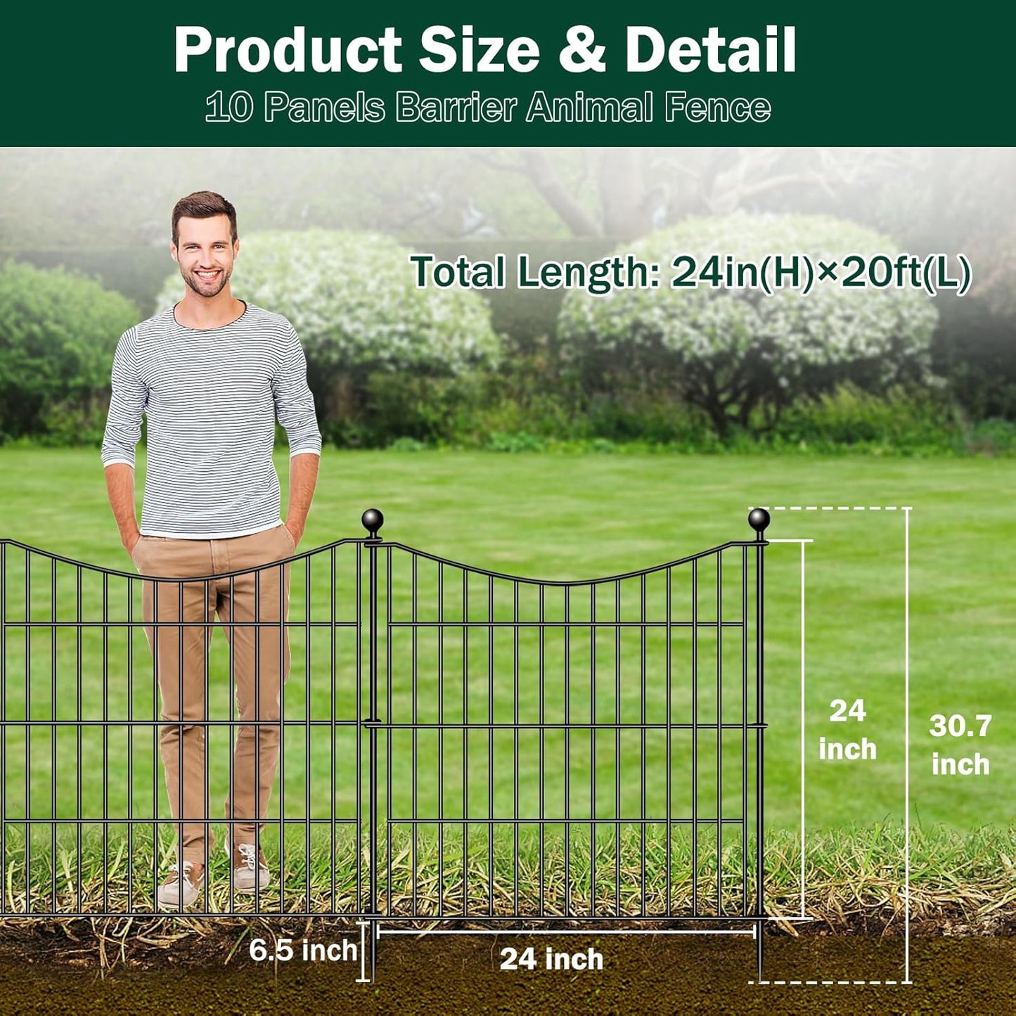 10 Panels Decorative Garden Fence with Gate, 24 in(H) X 20 ft(L) No Dig Dog Fence Animal Barrier Outdoor for Yard, Rustproof Metal Garden Edging and Borders, Temporary Fencing Stakes