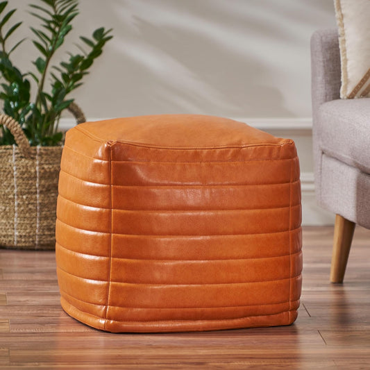 GDFStudio Contemporary Faux Leather Channel Stitch Pouf Ottoman Foot Stool - Bean Bag Floor Chair - Foot Rest Couch for Living Room Bedroom,Caramel Cube,16"" x 16"" x 16"", Conrai,caramel, 314802N