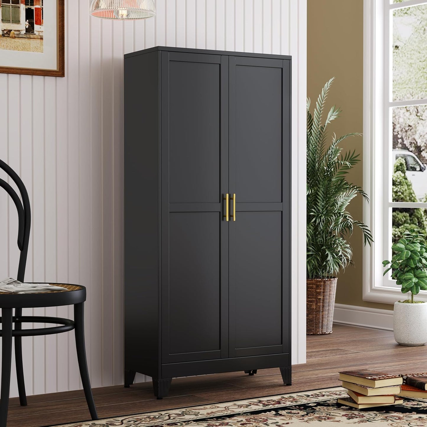 Metal Kitchen Pantry Storage Cabinet with 2 Doors and 3 Adjustable Shelves,Pantry Cabinet with Adjustable Leveling Foot for Kitchen, Living Room, Dining Room（Black）