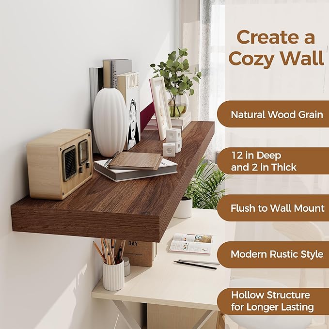Floating Shelves 48 Inch Long, 12 Inch Deep Floating Shelves for Wall, 48 x 12 Large Wall Shelves for Home Storage & Display, 2" Thicked Floating Shelf for Bedroom, Living Room, Walnut Color, 1 Pack