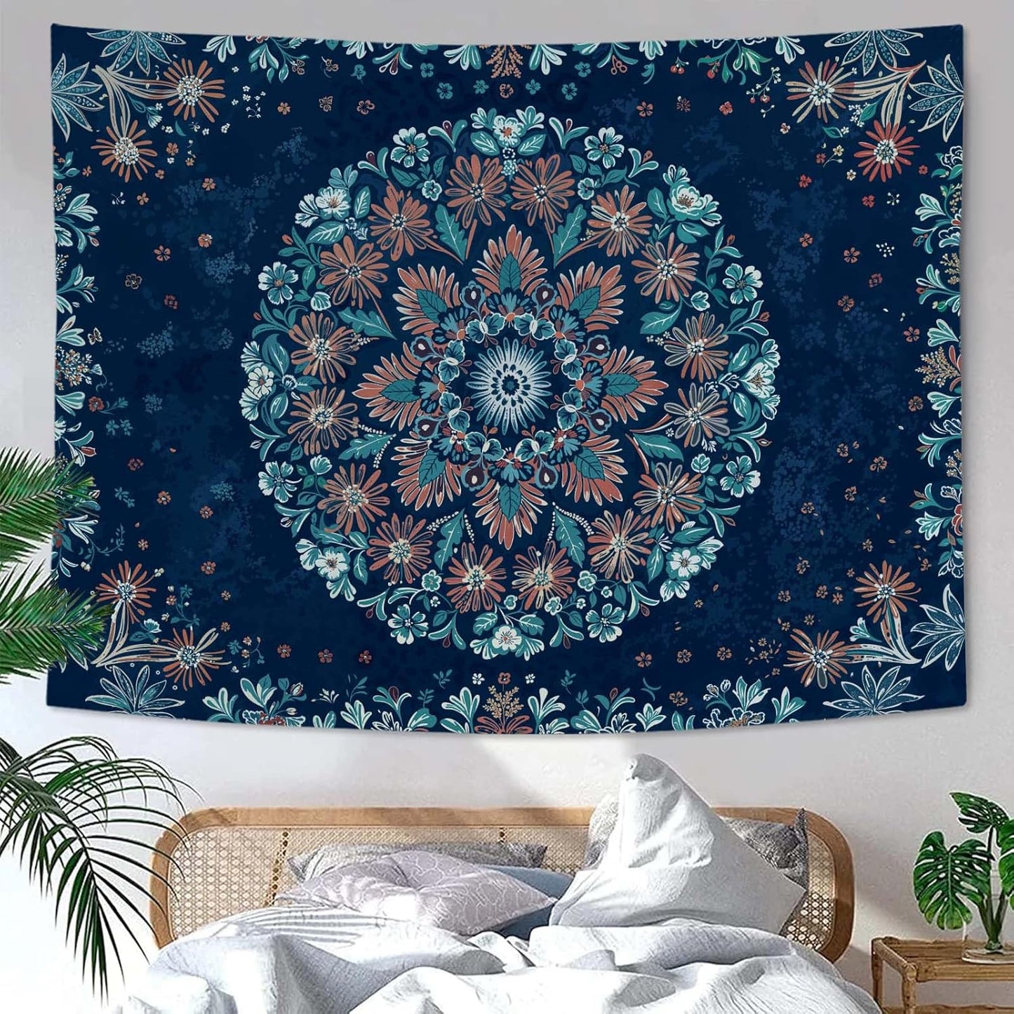 Fowocu Boho Floral Mandala Tapestry Wall Hanging Blue Bohemian Flower Medallion Tapestry Aesthetic Vintage Navy Hippie Indian Small Tapestries for Bedroom Living Room Dorm Decor 40 x 30 Inch
