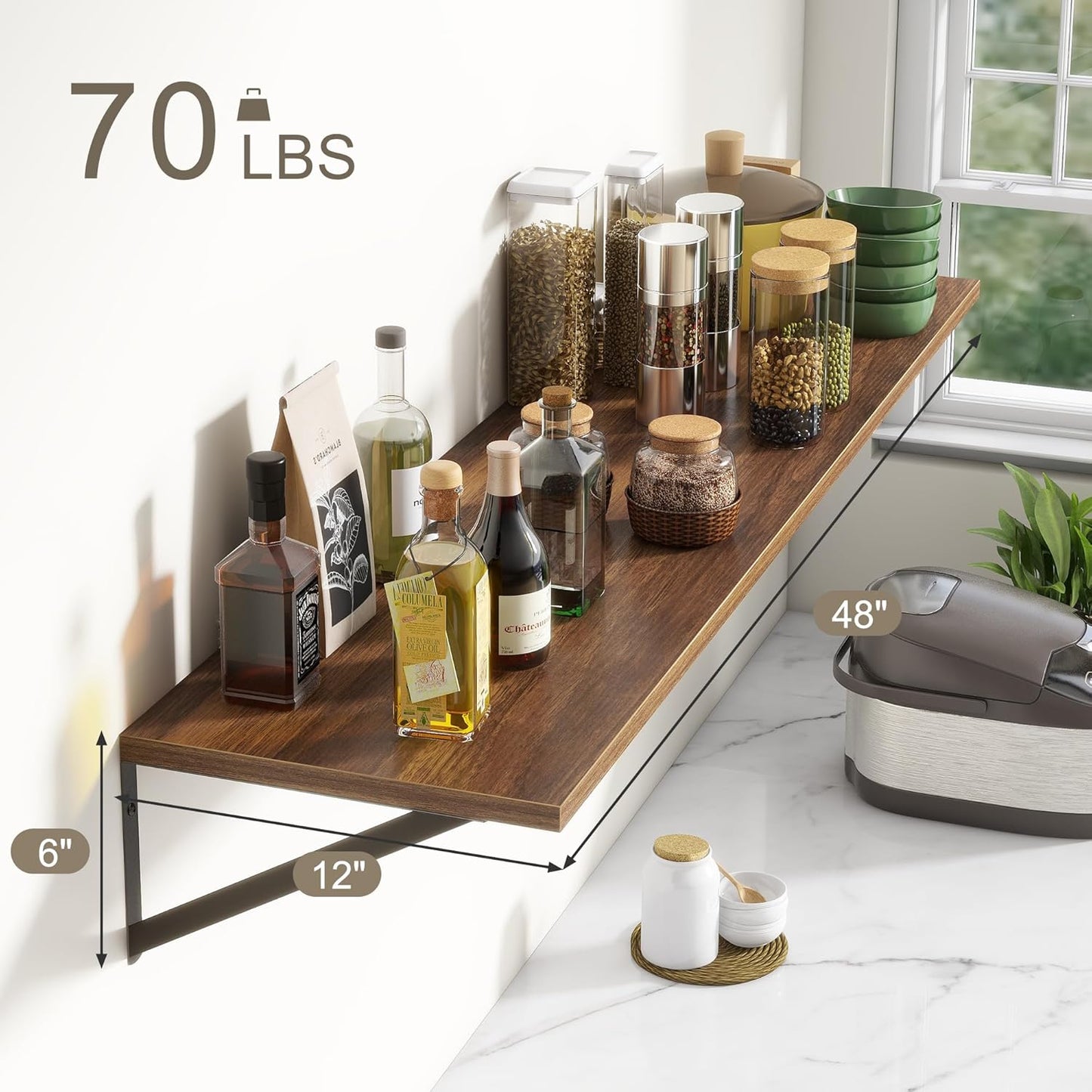 12 Inch Deep Floating Shelves,48W x 12D Floating Shelves, Deep Wall Shelves Bracket Set of 2, Large Display Floating Shelf for Bathroom, Living Room, Wide Storage Wooden Wall Shelf, Walnut