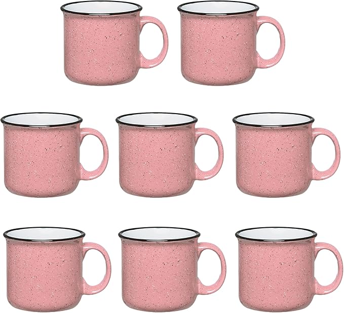 Set of 8 Ceramic Campfire Mugs – 15 Oz, Pink – Coffee & Tea Cups for Home, Work, Travel, Camping – Customizable, Great for DIY, Events, Companies