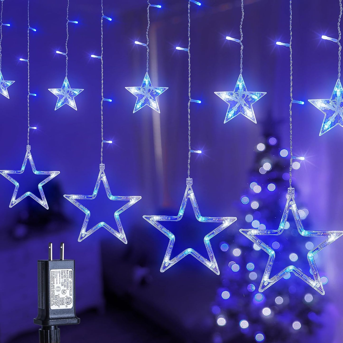 126L Blue White Christmas Star Icicle Lights, 8.2FT Clear Curtain Fairy String with Connectable, Timer 8 Modes Memory, Waterproof Hanging for Eaves, Party, Wedding Indoor Outdoor Decorations