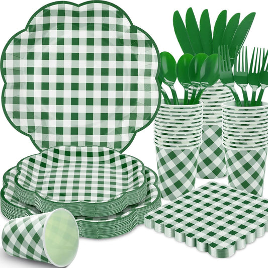 175 Pcs Green Gingham Plates and Napkins Party Supplies - Green and White Checkered Plates Sets Serve 25 Guests - Scalloped Gingham Paper Plate for Birthday Picnic BBQ Golf Party Decorations