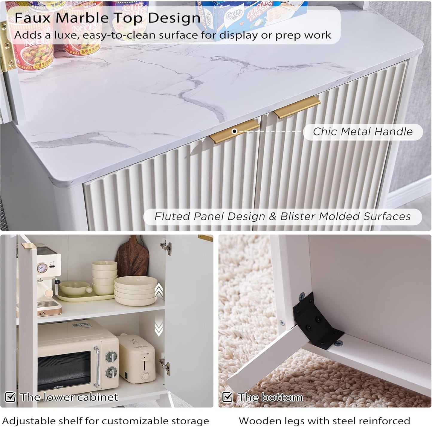 OKD Fluted Kitchen Pantry, 72" Tall Mid Century Modern Storage Cabinet with Adjustable Shelves & Door Organizer, Wood Cabinet for Kitchen, Living Room, Solid White