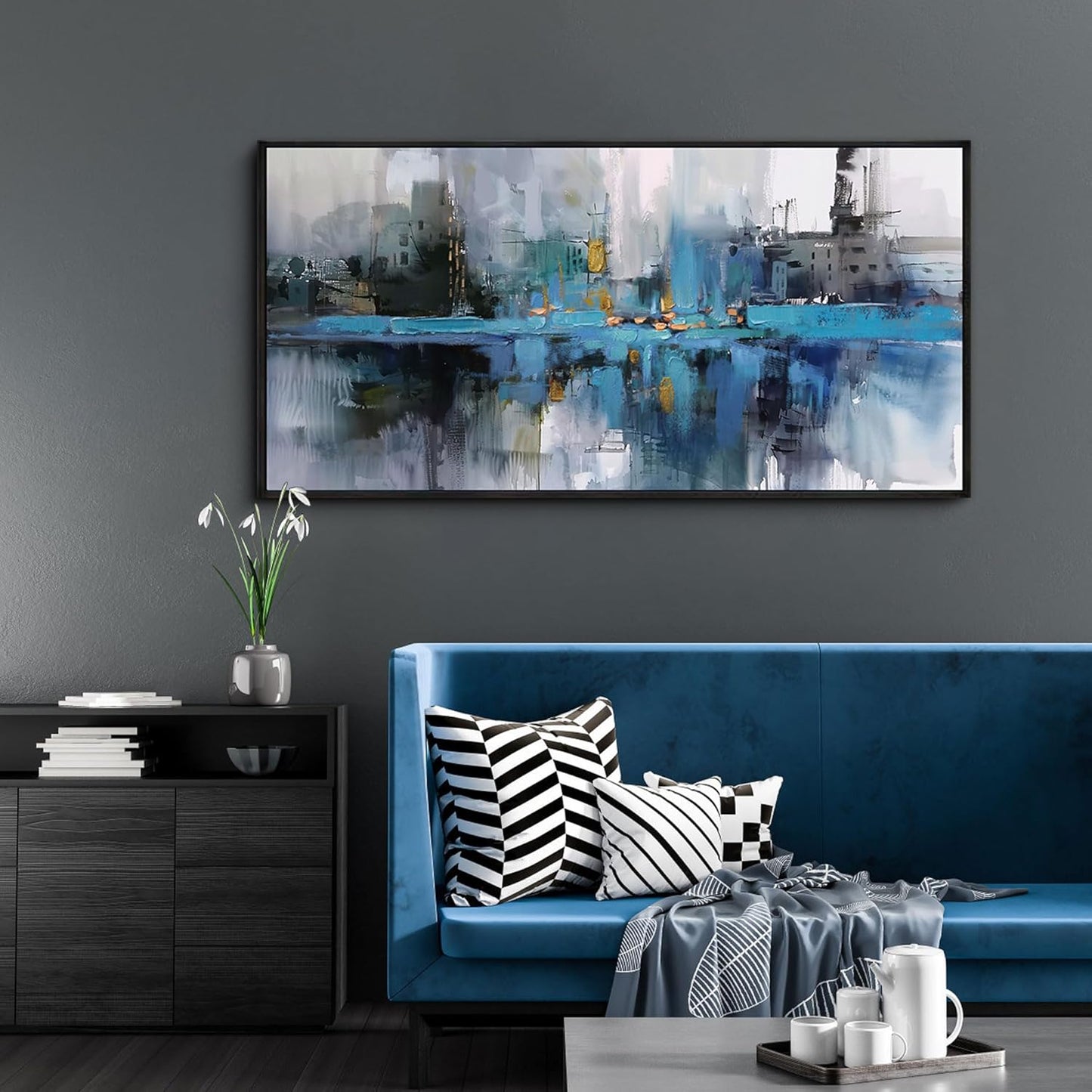 yiijeah Blue Wall art - Abstract Canvas Art Over Bed Wall Decor Bedroom Artwork for Wall Gray Picture Frames Painting Modern Wall Art for Living Room Office Home