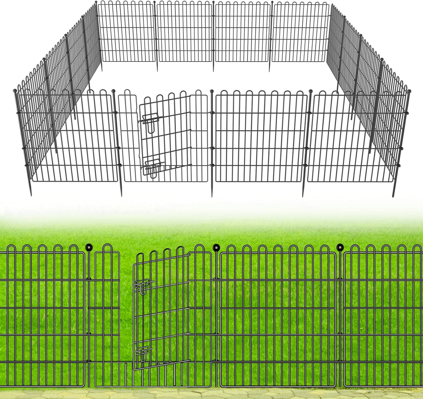 10 Panels No Dig Decorative Garden Fence with Gate for Yard, 24 in(H) X 20 ft(L) Animal Barrier Fencing for Outdoor Dog, Metal Portable Garden Fences for Borders, Pets, Landscape, Temporary Fence