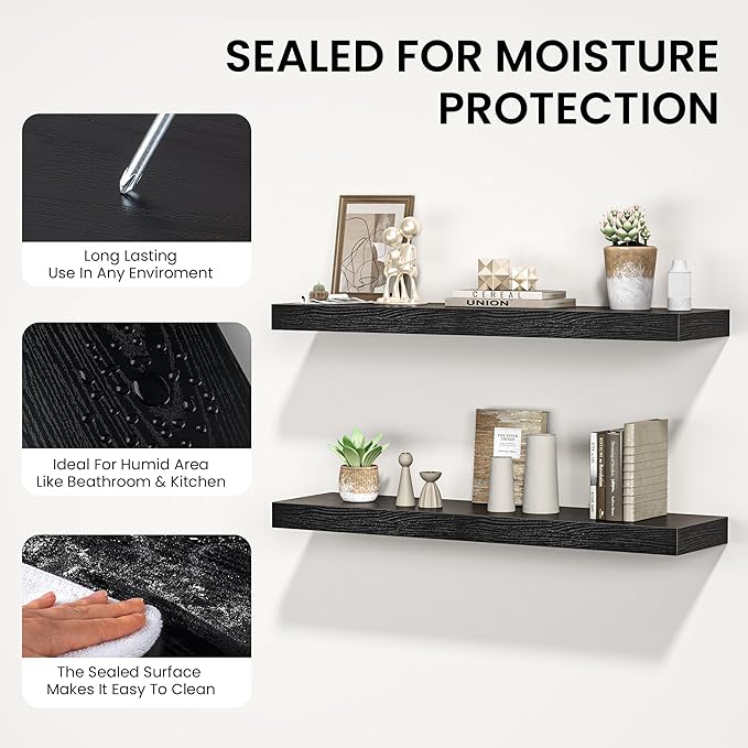 Floating Shelves for Wall, 48" W x 9.3" D x 1.5" H, Wooden Wall Mounted Display Shelves with Invisible Brackets for Living Room, Bedroom, Bathroom, Kitchen Decor and Storage, Set of 1, Black