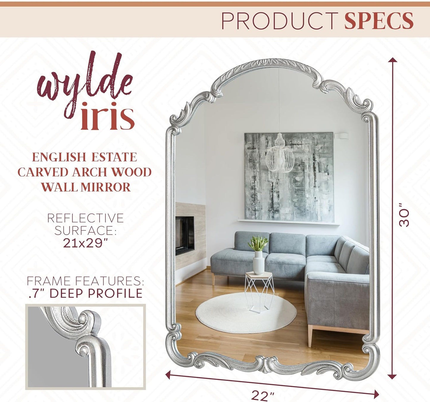 English Estate Carved Arch Wood Wall Mirror, Mirror for Entryway, Living Room, Bathroom, Antique Silver, 20.9x28.9