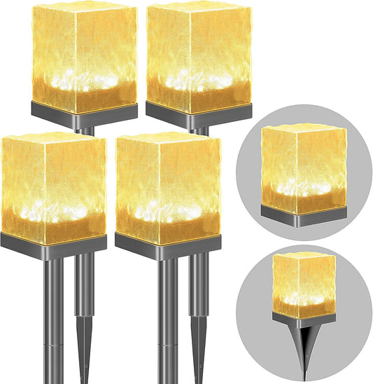 4 Pack Solar Pathway Lights Outdoor, Waterproof Ground Light Featuring Crystal-Clear Ice Brick Aesthetic, Multi-use Landscape Decoration Lighting Solar Powered Garden Lawn Lamp (Warm White)