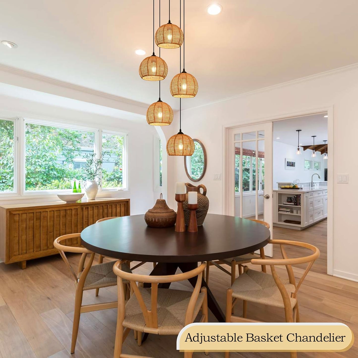 5-Light Woven Foyer Chandeliers for High Ceiling,5 Dome Boho Rattan Pendant Light Farmhouse Wicker Ceiling Light,rustic Hemp rope Light Fixture For Living Room Hallway Staircase Entryway(Bulb Incl.