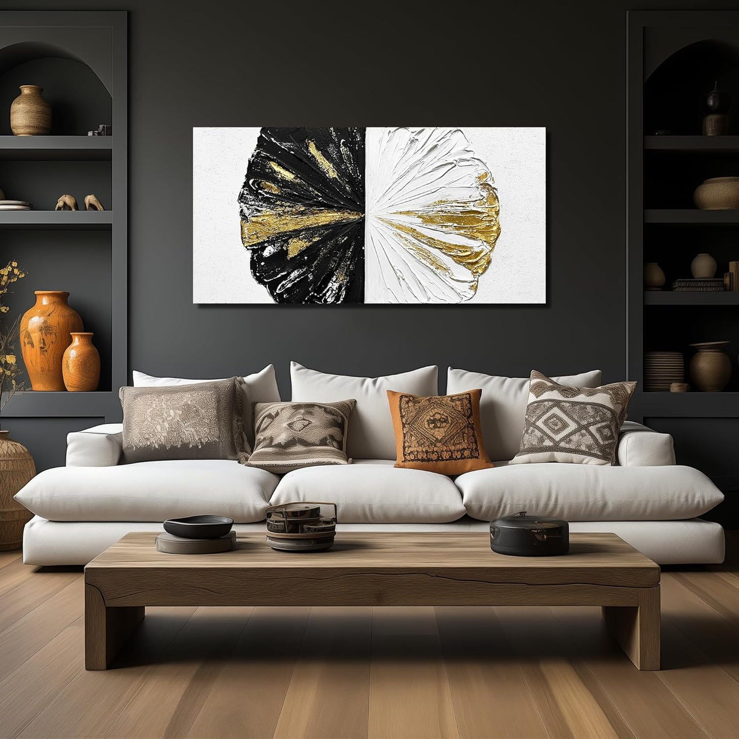 Black and White Art Work for Bedroom Walls Abstract Circles Wall Decor for Living Room Modern Canvas Art Wall Decor for Office Size 24 x 47 Inch