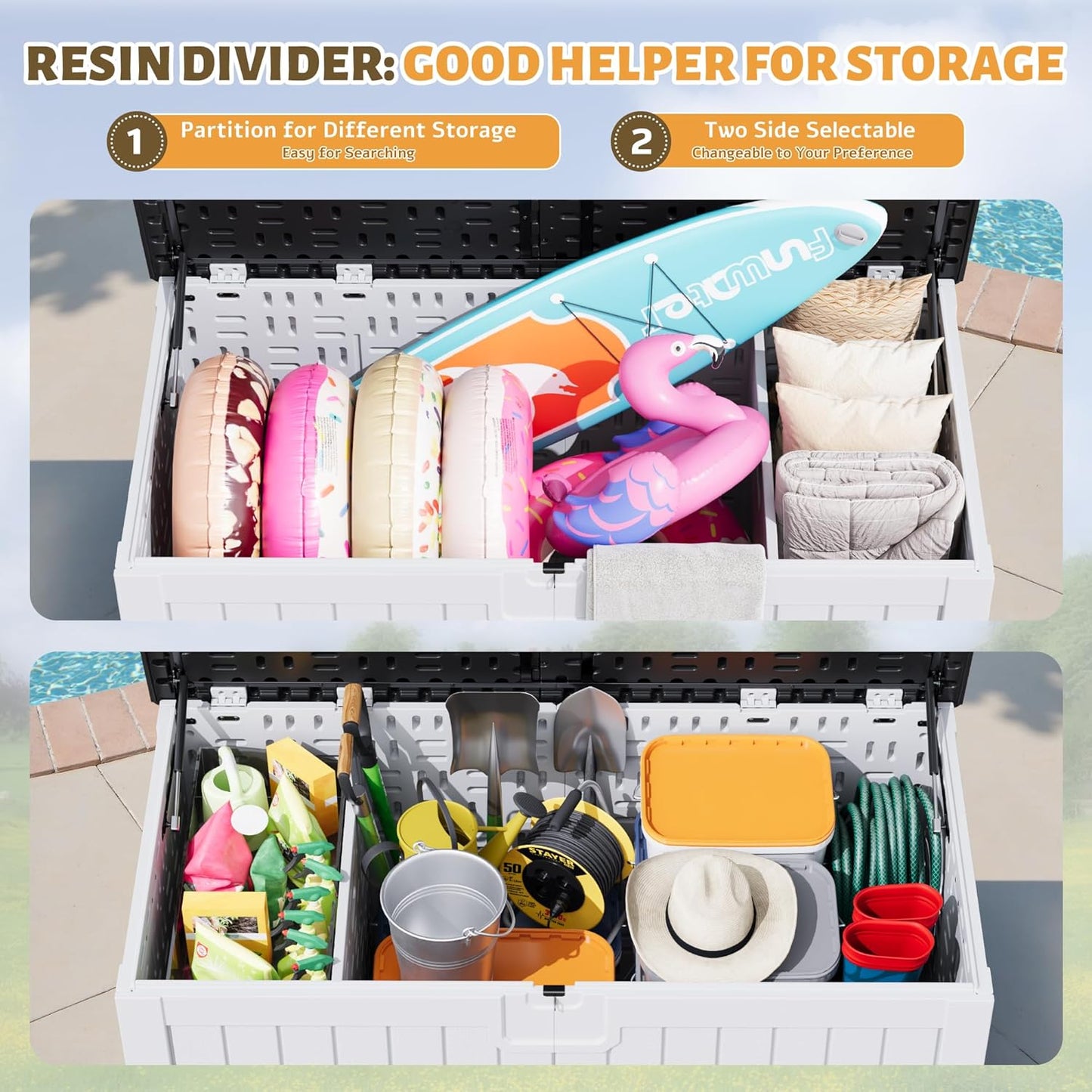 Flamaker Resin Deck Box 250 Gallon, Waterproof Imitation-Wood Lockable Storage Box with Separator Plate Outdoor Indoor, Garden, Patio Furniture for Tools&Pool Accessories (White with Black Cover)