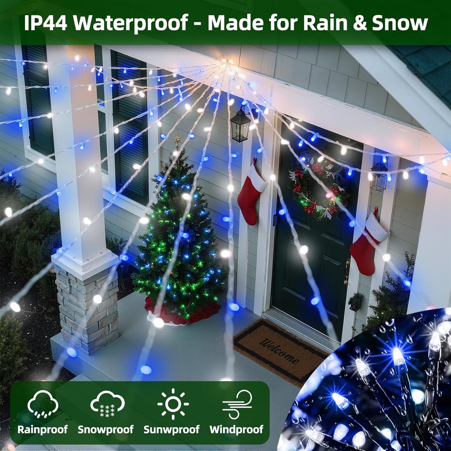 300LED Christmas Lights Outdoor Indoor Use, 12 Lighting Modes 75ft Christmas Tree Lights with Timer, Dimmable Blue Cool White LED StringLights Waterproof for Yard Wedding Party Holiday Blue&CoolWhite